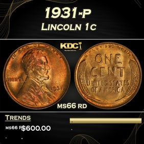 1931-p Lincoln Cent 1c Grades ms66 rd