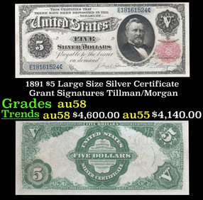 1891 $5 Large Size Silver Certificate Grant Grades Choice AU/BU Slider Signatures Tillman/Morgan