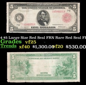 1914 $5 Large Size Red Seal FRN Rare Red Seal Grades vf+ FR-838