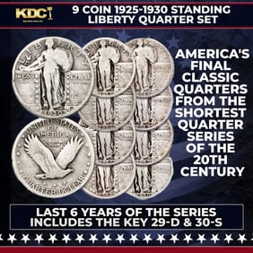 9 Coin 1925-1930 Standing Liberty Quarter 25c Set, Final 6 Years Of The Series