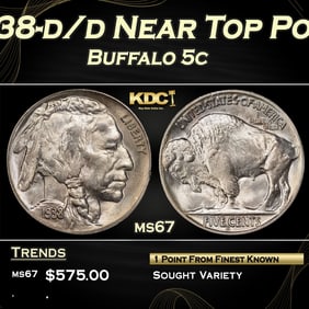 1938-d/d Buffalo Nickel Near Top Pop 5c ms67 SEGS