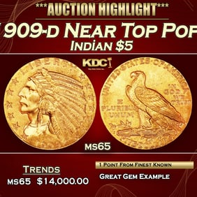 1909-d Gold Indian Half Eagle Near Top Pop! $5 ms65 USCG