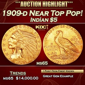 1909-d Gold Indian Half Eagle Near Top Pop! $5 ms65 USCG