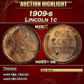 1909-s Lincoln Cent 1c ms65+ rb SEGS