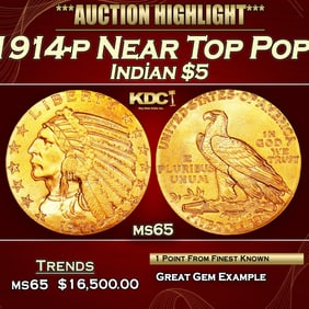 1914-p Gold Indian Half Eagle Near Top Pop! $5 ms65 USCG