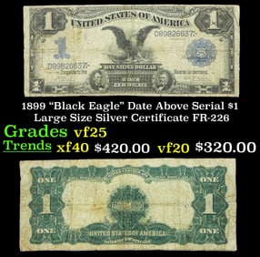 1899 $1 large size Silver Certificate "Black Eagle" Date Above Serial Grades vf+ FR-226