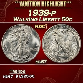 1939-p Walking Liberty Half Dollar 50c ms67 SEGS