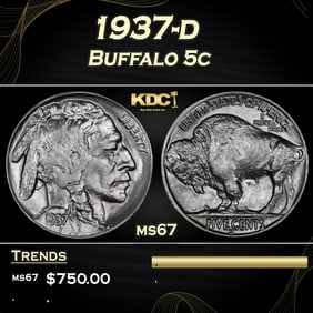 1937-d Buffalo Nickel 5c ms67 SEGS