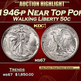 1946-p Walking Liberty Half Dollar Near Top Pop 50c ms67 SEGS