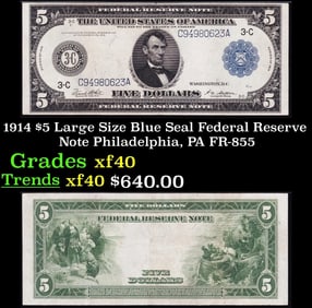 1914 $5 Large Size Blue Seal Federal Reserve Note Philadelphia, PA Grades xf FR-855