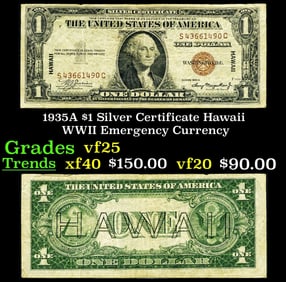 1935A $1 Silver Certificate Hawaii WWII Emergency Currency Grades vf+