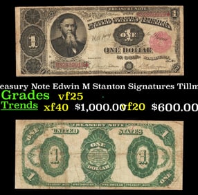 1891 $1 Treasury Note Edwin M Stanton Grades vf+ Signatures Tillman/Morgan
