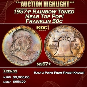 1957-p Franklin Half Dollar Rainbow Toned Near Top Pop! 50c ms67+ SEGS