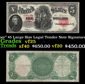 1907 $5 Large Size Legal Tender Note "WoodChopper" Grades vf+ Signatures Speelman/White