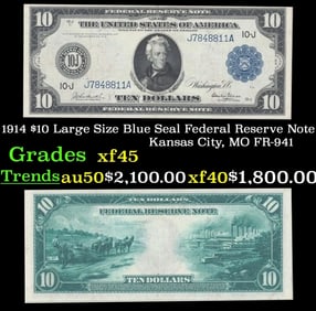 1914 $10 Large Size Blue Seal Federal Reserve Note Kansas City, MO Grades xf+ FR-941