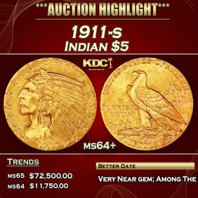 1911-s Gold Indian Half Eagle $5 ms64+ USCG