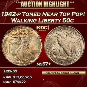 1942-p Walking Liberty Half Dollar Toned Near Top Pop! 50c ms67+ SEGS