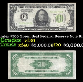 1934 $500 Green Seal Federal Reserve Note President McKinley Richmond, VA Grades vf++ FR-2201E