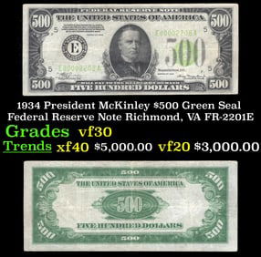 1934 $500 Green Seal Federal Reserve Note President McKinley Richmond, VA Grades vf++ FR-2201E