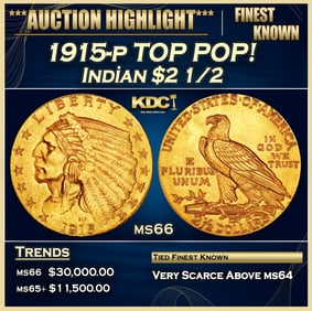 1915-p Gold Indian Quarter Eagle TOP POP! $2 1/2 ms66 USCG