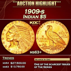 1909-s Gold Indian Half Eagle $5 ms63+ USCG