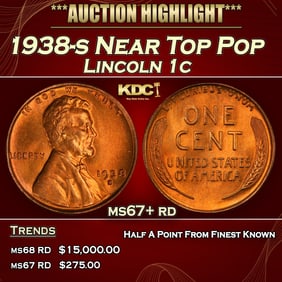 1938-s Lincoln Cent Near Top Pop 1c ms67+ rd SEGS
