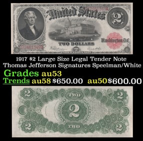 1917 $2 Large Size Legal Tender Note Thomas Jefferson Grades Select AU Signatures Speelman/White