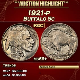 1921-p Buffalo Nickel 5c ms66+ SEGS