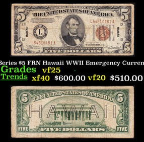 1934A $5 FRN Hawaii WWII Emergency Currency Key To Series Key To Series Grades vf+