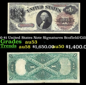 1880 $1 United States Note Grades Select AU Signatures Scofield/Gilfillan