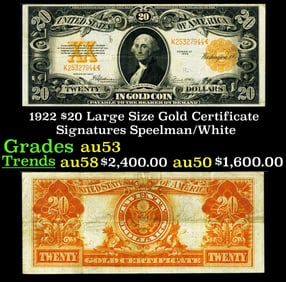 1922 $20 Large Size Gold Certificate Grades Select AU Signatures Speelman/White