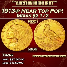 1913-p Gold Indian Quarter Eagle Near Top Pop! $2 1/2 ms66 USCG