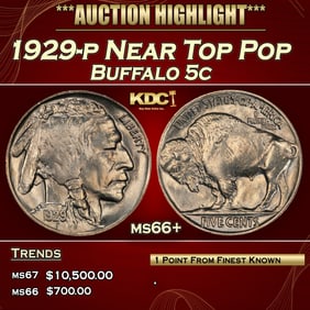 1929-p Buffalo Nickel Near Top Pop 5c ms66+ SEGS