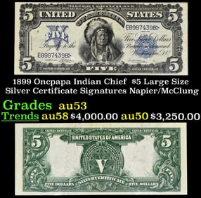1899 $5 Large Size Silver Certificate Oncpapa Indian Chief  Grades Select AU Signatures