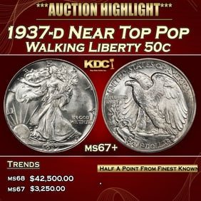 1937-d Walking Liberty Half Dollar Near Top Pop 50c ms67+ SEGS
