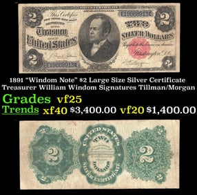 1891 $2 Large Size Silver Certificate "Windom Note" Treasurer William Windom Grades vf+ Signatures