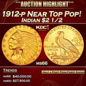 1912-p Gold Indian Quarter Eagle Near Top Pop! $2 1/2 ms66 USCG