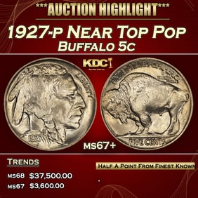 1927-p Buffalo Nickel Near Top Pop 5c ms67+ SEGS