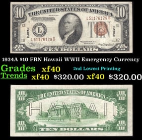 1934A $10 FRN Hawaii WWII Emergency Currency Grades xf