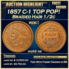 1857 Braided Hair Half Cent C-1 TOP POP! 1/2c ms66 rb SEGS
