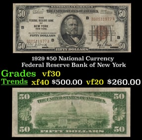 1929 $50 National Currency Federal Reserve Bank of New York Grades vf++