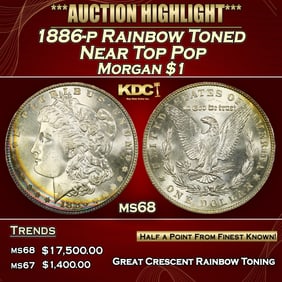 1886-p Morgan Dollar Rainbow Toned Near Top Pop $1 ms68 SEGS