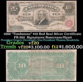 1886 $10 Red Seal Silver Certificate "Tombstone" FR-292 Grades vf, very fine Signatures
