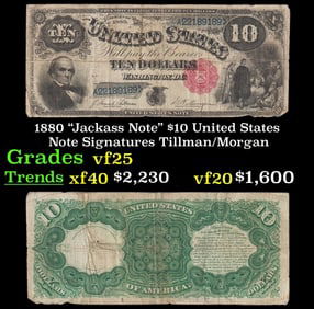 1880 $10 United States Note "Jackass Note" Grades vf+ Signatures Tillman/Morgan