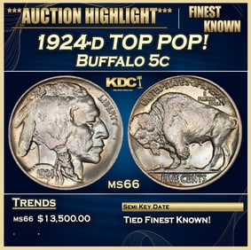 1924-d Buffalo Nickel TOP POP! 5c ms66 SEGS