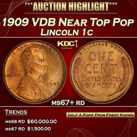 1909 VDB Lincoln Cent Near Top Pop 1c ms67+ rd SEGS