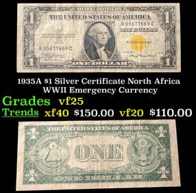 1935A $1 Silver Certificate North Africa WWII Emergency Currency Grades vf+