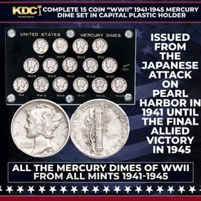 Complete 15 Coin "WWII" 1941-1945 Mercury Dime P,D,S Set In Capital Plastic Holder
