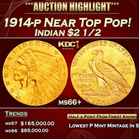 1914-p Gold Indian Quarter Eagle Near Top Pop! $2 1/2 ms66+ USCG