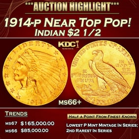 1914-p Gold Indian Quarter Eagle Near Top Pop! $2 1/2 ms66+ USCG